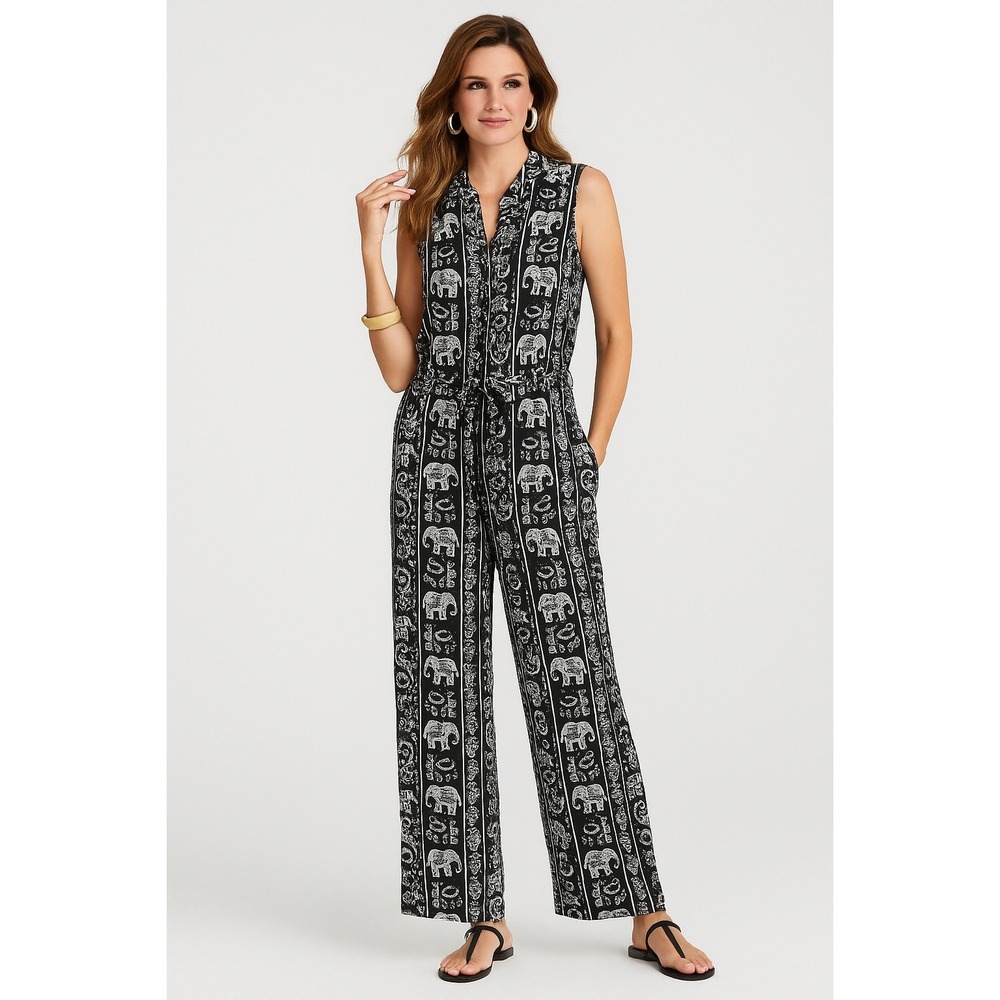 Soft Surroundings Elephant Print Sleeveless Jumpsuit XL Black White Boho Wide